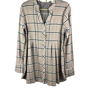 Soft Surroundings Women's Top M Plaid Pink Gray Thick Warm Button Up Long Sleeve